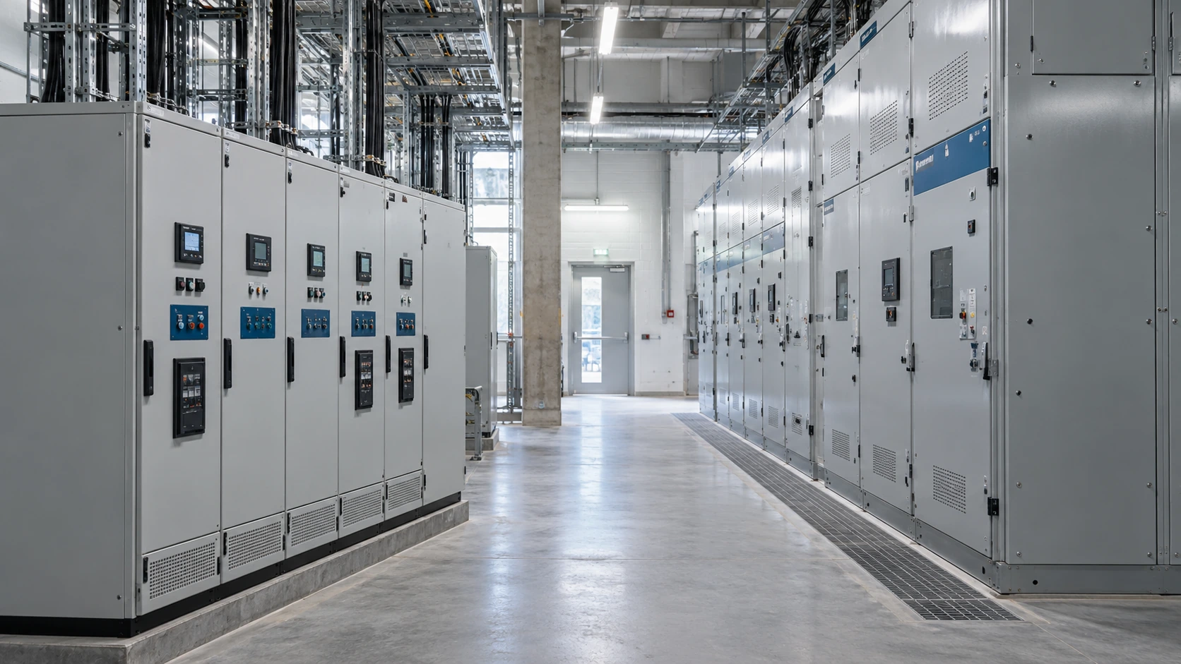 Illustrative electrical room with separate low-voltage and medium-voltage cabinet lineups
