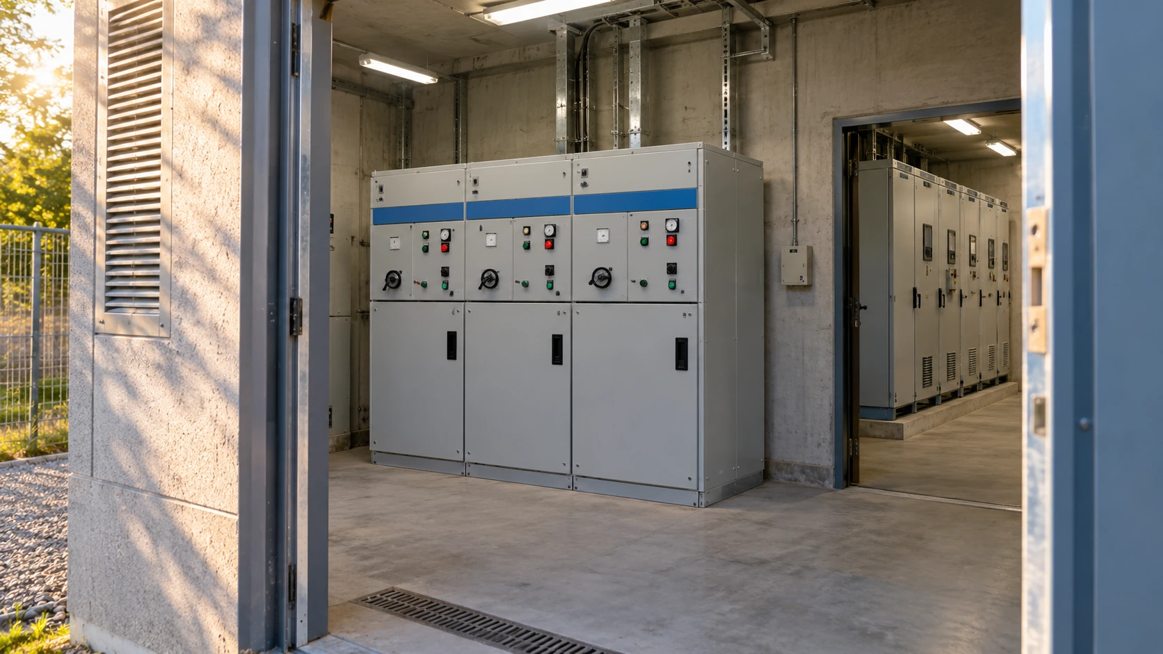 Illustrative compact utility substation with enclosed ring-main and metal-clad cabinet arrangements