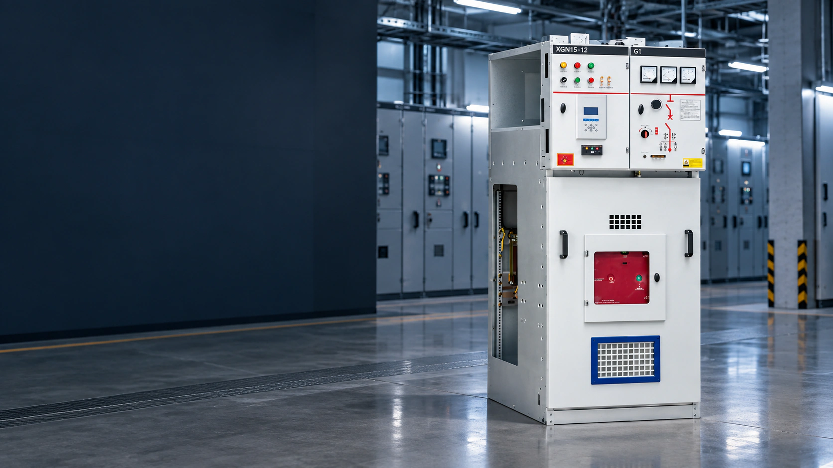 Medium-voltage switchgear installed in an industrial power distribution room